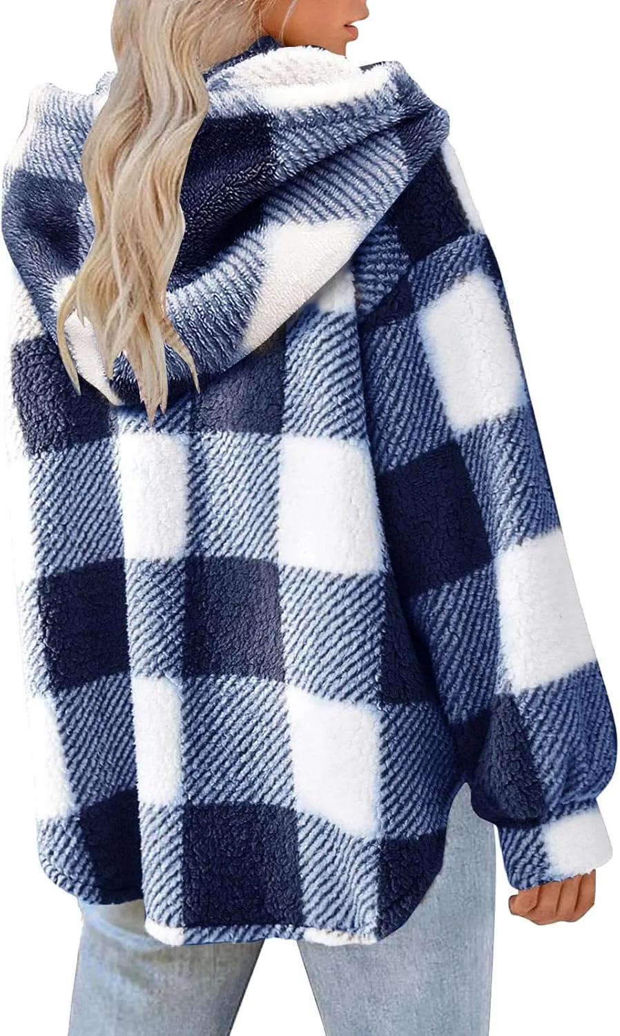 Womens Plaid Shacket Fleece Sherpa Lined Jackets Hooded Long Sleeve Fuzzy Button Down Cardigan Trendy Winter Coats