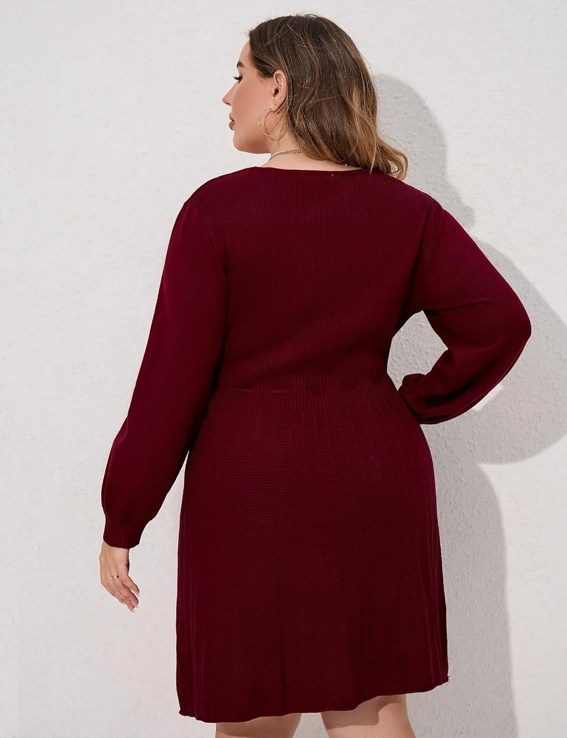 Women's Plus Size Casual Sweater Dress Square Neck Long Lantern Sleeve Tie Waist Loose Pullover Sweater Dresses