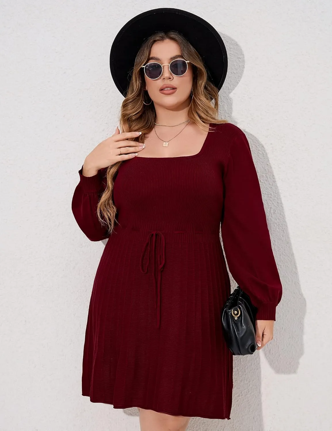 Women's Plus Size Casual Sweater Dress Square Neck Long Lantern Sleeve Tie Waist Loose Pullover Sweater Dresses