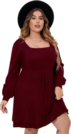 Women's Plus Size Casual Sweater Dress Square Neck Long Lantern Sleeve Tie Waist Loose Pullover Sweater Dresses