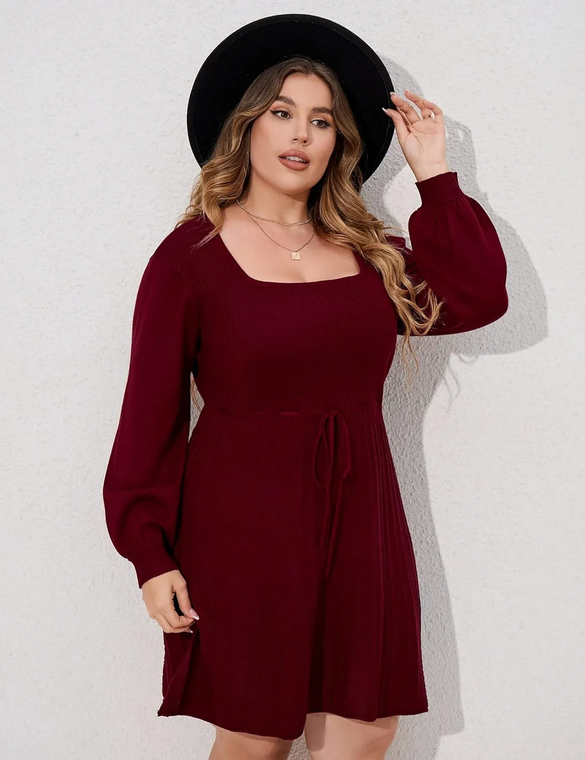 Women's Plus Size Casual Sweater Dress Square Neck Long Lantern Sleeve Tie Waist Loose Pullover Sweater Dresses