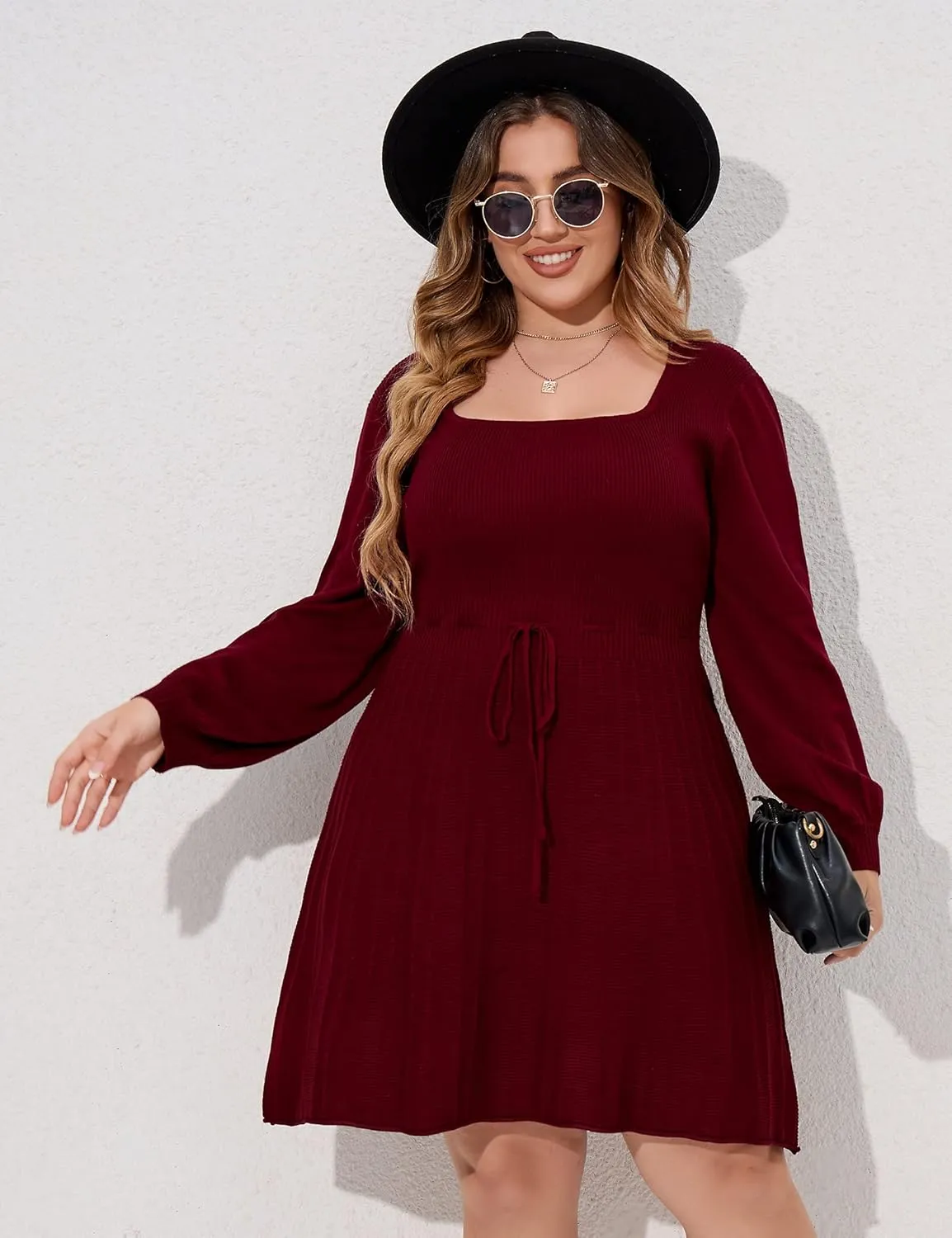 Women's Plus Size Casual Sweater Dress Square Neck Long Lantern Sleeve Tie Waist Loose Pullover Sweater Dresses