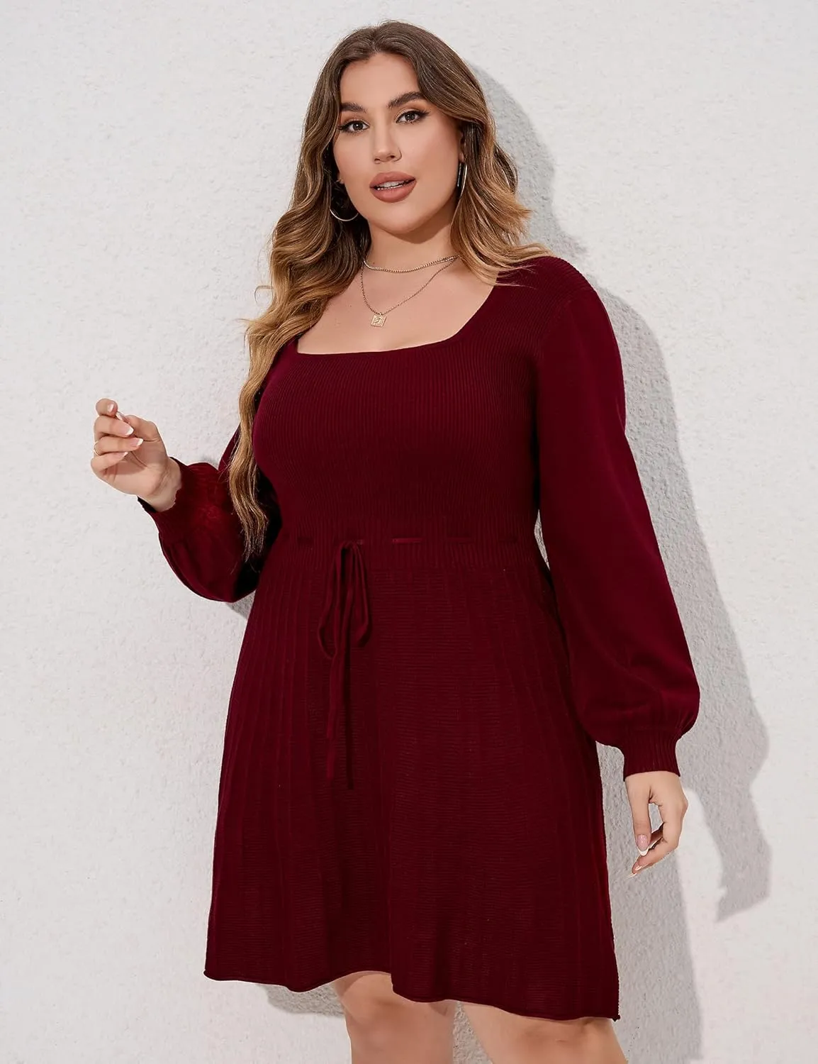 Women's Plus Size Casual Sweater Dress Square Neck Long Lantern Sleeve Tie Waist Loose Pullover Sweater Dresses