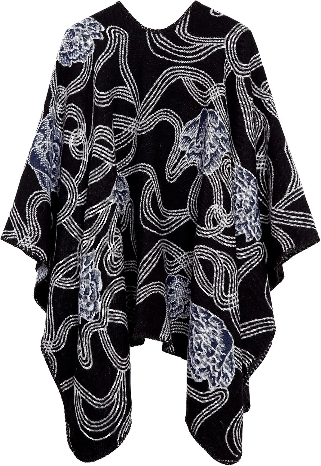 Womens Retro Warm Shawls Poncho Cape Floral Printed Open Front Cardigans Sweater