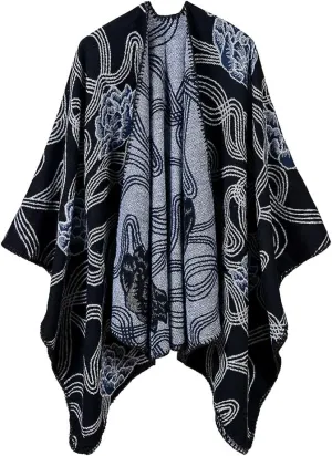 Womens Retro Warm Shawls Poncho Cape Floral Printed Open Front Cardigans Sweater