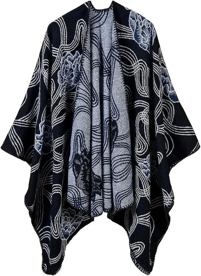 Womens Retro Warm Shawls Poncho Cape Floral Printed Open Front Cardigans Sweater