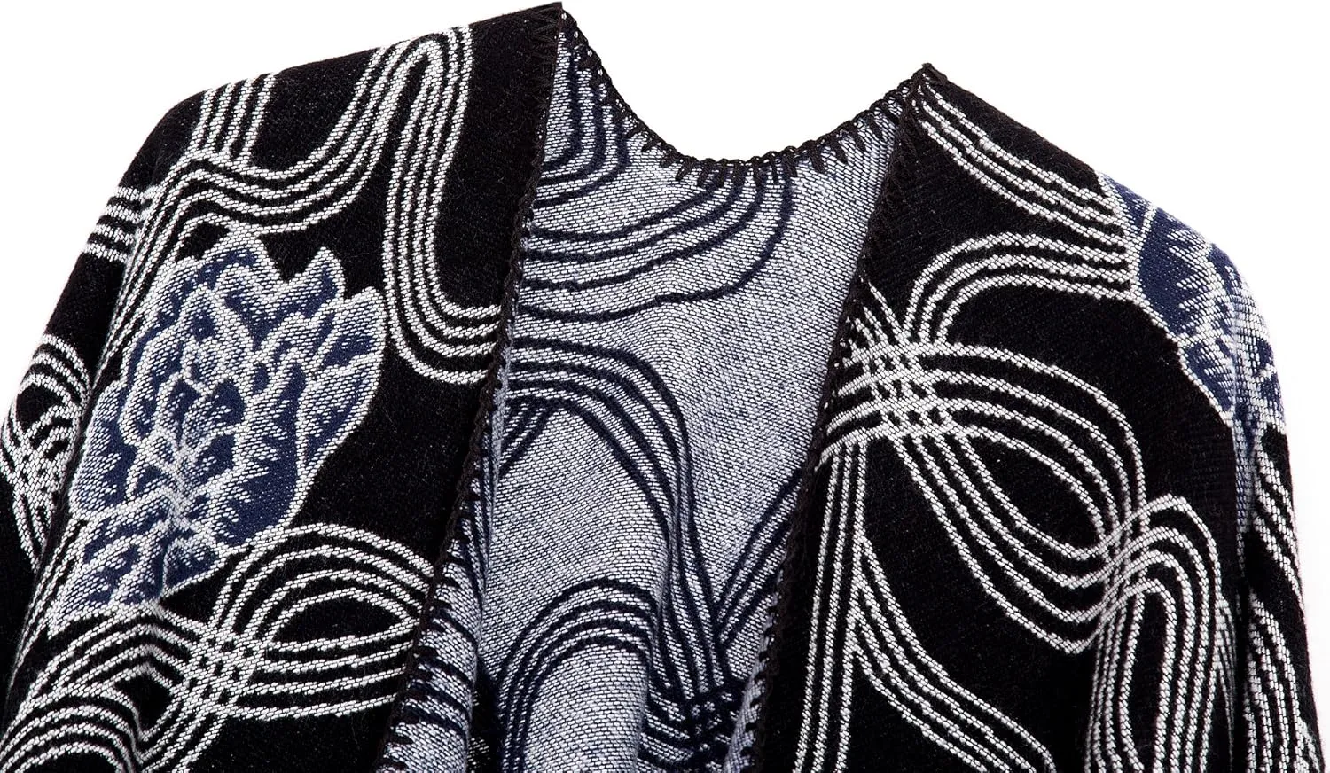 Womens Retro Warm Shawls Poncho Cape Floral Printed Open Front Cardigans Sweater