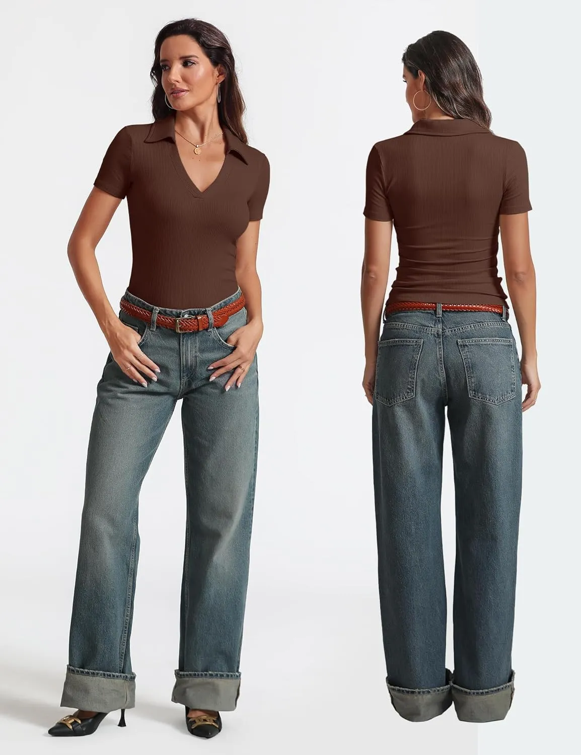 Womens Short Sleeve Business Casual Tops Summer V Neck Polo Work Shirts 2025 Fitted Basic Collared Shirt