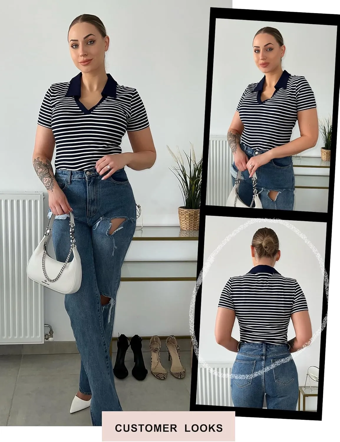 Womens Short Sleeve Business Casual Tops Summer V Neck Polo Work Shirts 2025 Fitted Basic Collared Shirt