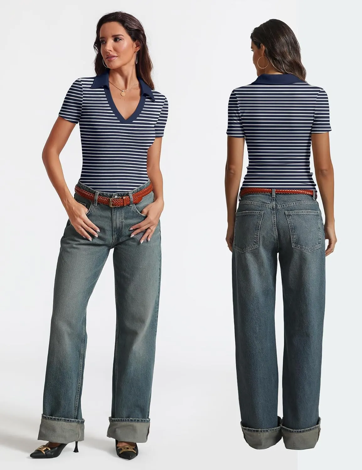 Womens Short Sleeve Business Casual Tops Summer V Neck Polo Work Shirts 2025 Fitted Basic Collared Shirt
