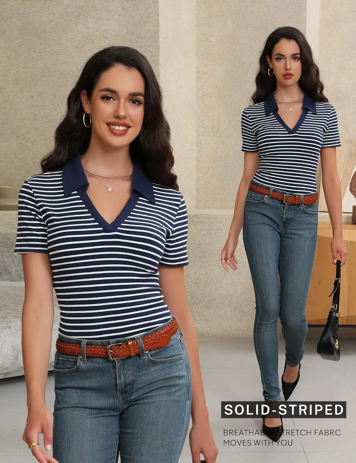Womens Short Sleeve Business Casual Tops Summer V Neck Polo Work Shirts 2025 Fitted Basic Collared Shirt