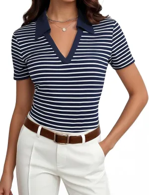 Womens Short Sleeve Business Casual Tops Summer V Neck Polo Work Shirts 2025 Fitted Basic Collared Shirt