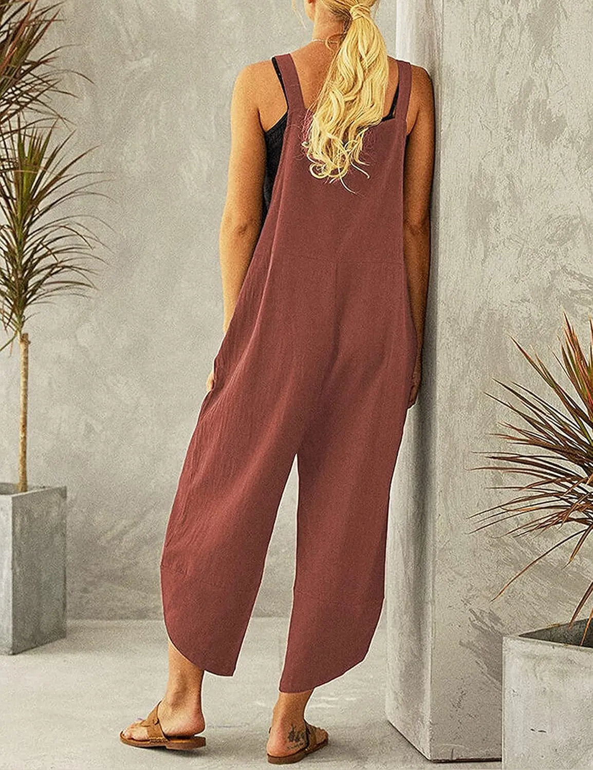 Womens Sleeveless Cotton Linen Adjustable Bib Overalls Baggy Jumpsuits Romper with Pockets Straps Jumpsuit