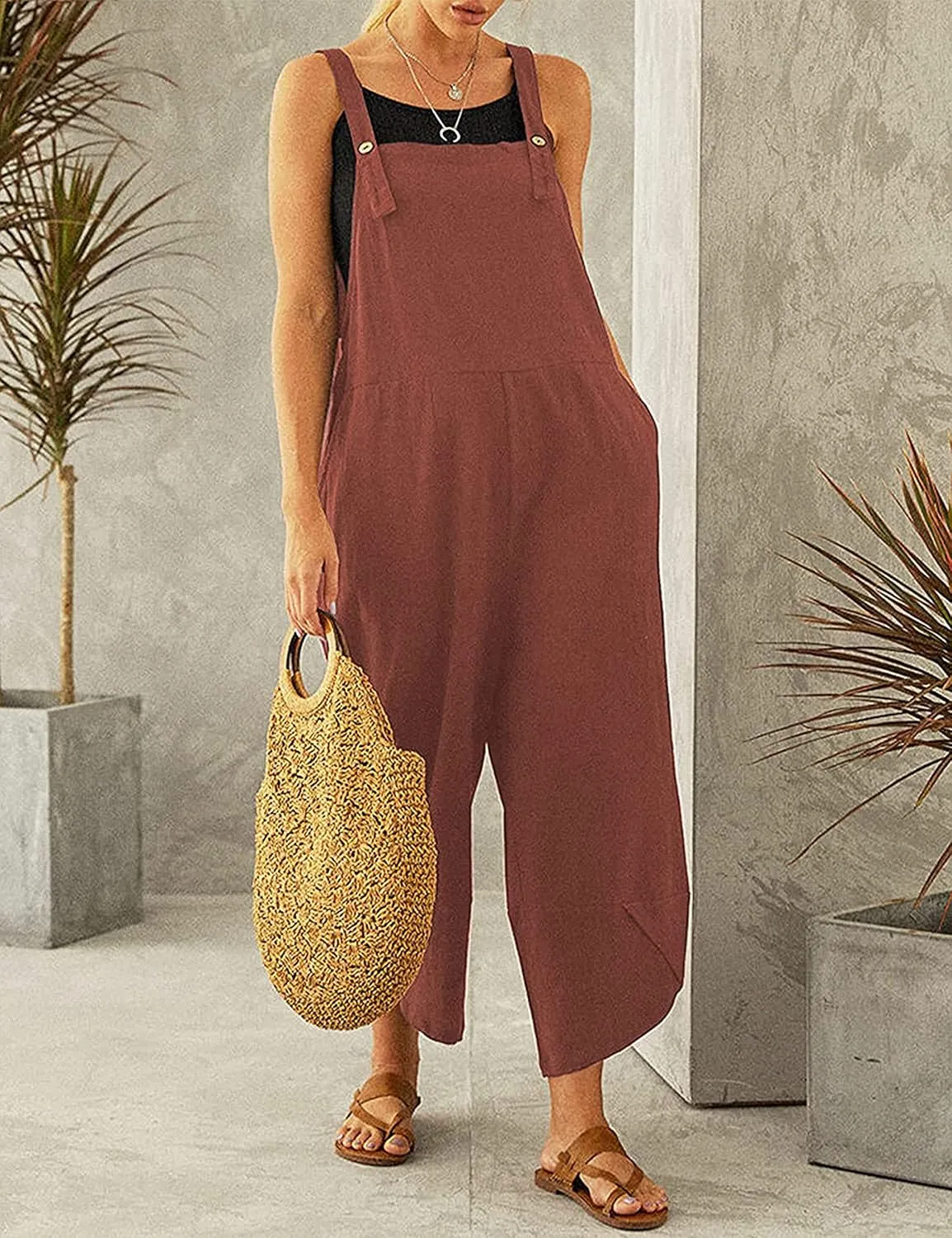 Womens Sleeveless Cotton Linen Adjustable Bib Overalls Baggy Jumpsuits Romper with Pockets Straps Jumpsuit