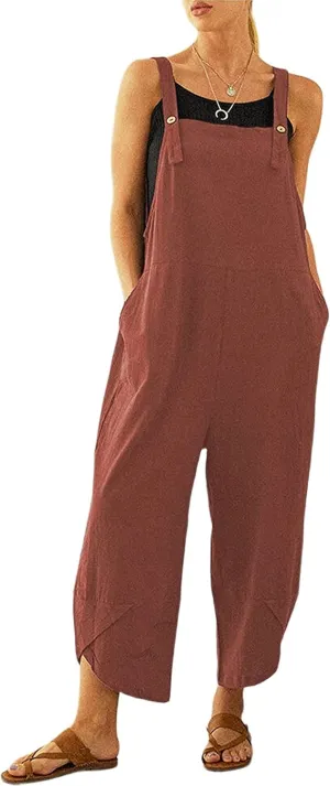Womens Sleeveless Cotton Linen Adjustable Bib Overalls Baggy Jumpsuits Romper with Pockets Straps Jumpsuit