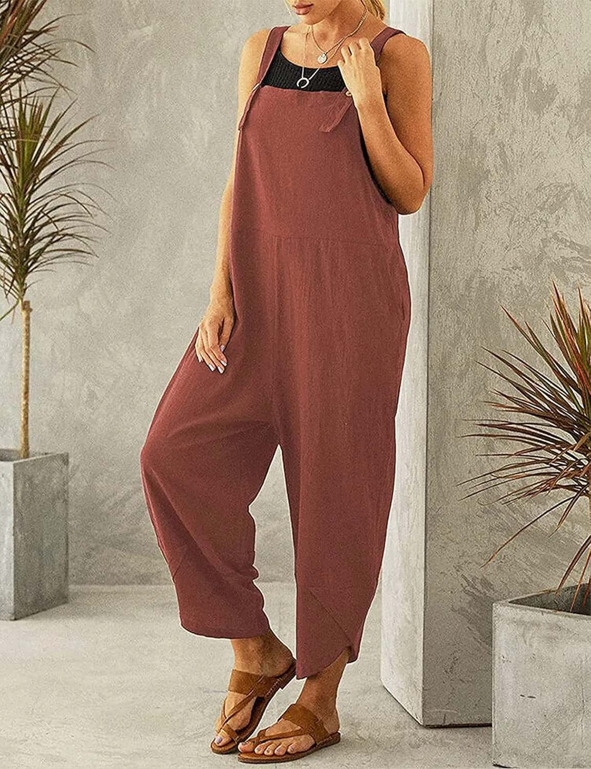 Womens Sleeveless Cotton Linen Adjustable Bib Overalls Baggy Jumpsuits Romper with Pockets Straps Jumpsuit