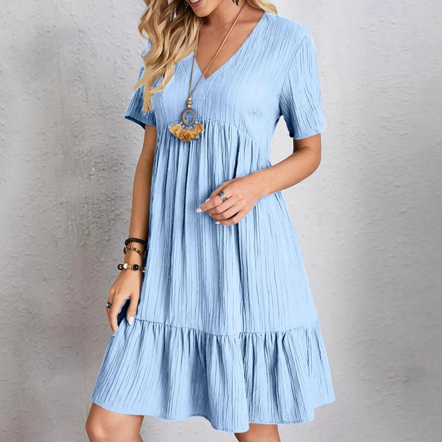 Women's Summer Dresses Casual Midi Swing Short Sleeve V Neck Tiered A Line Flowy Beach Dress Sundress 2025
