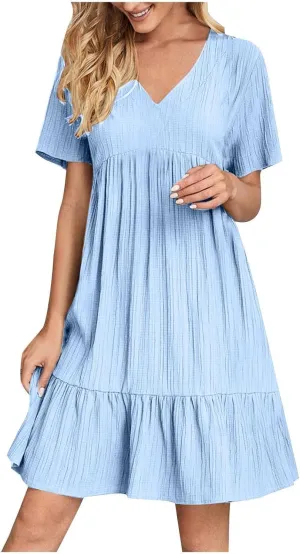 Women's Summer Dresses Casual Midi Swing Short Sleeve V Neck Tiered A Line Flowy Beach Dress Sundress 2025