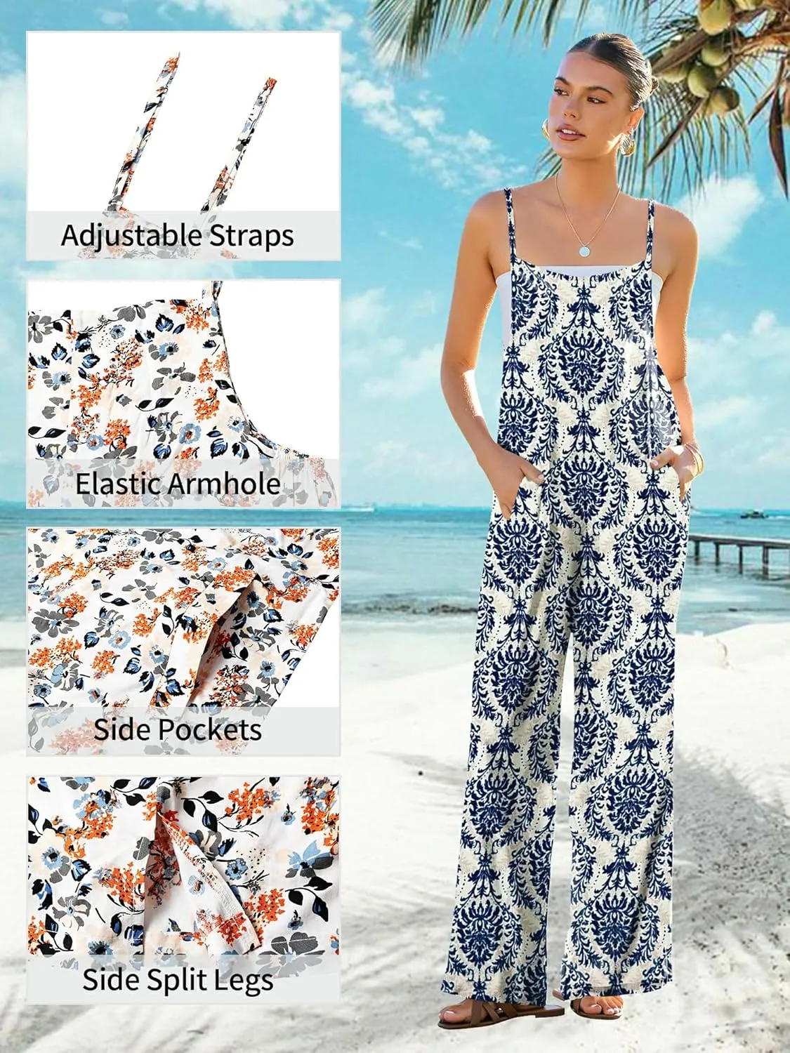 Women's Summer Jumpsuits Boho Wide Leg Overalls Casual Floral Print Rompers Beach Outfits with Pockets