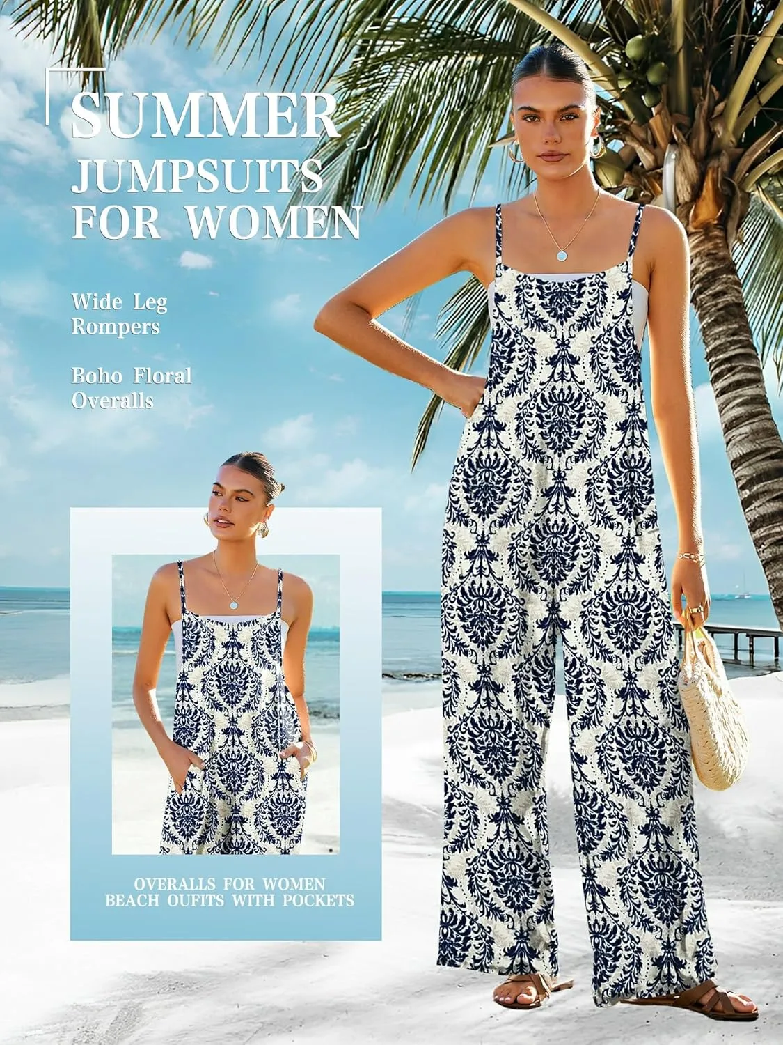 Women's Summer Jumpsuits Boho Wide Leg Overalls Casual Floral Print Rompers Beach Outfits with Pockets