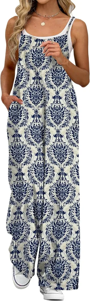 Women's Summer Jumpsuits Boho Wide Leg Overalls Casual Floral Print Rompers Beach Outfits with Pockets