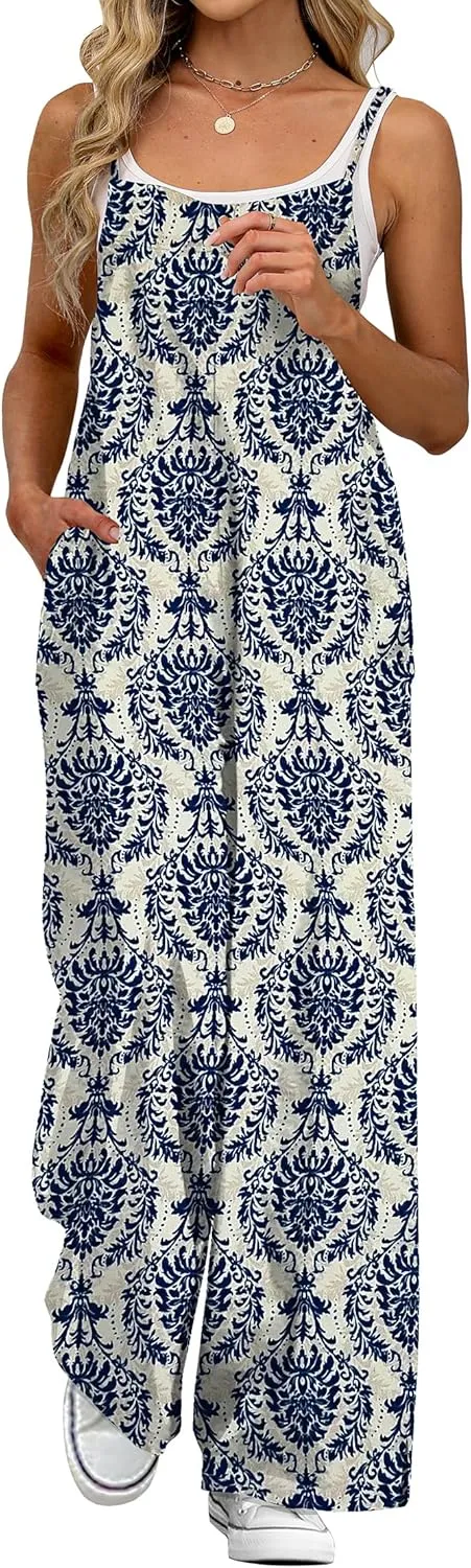 Women's Summer Jumpsuits Boho Wide Leg Overalls Casual Floral Print Rompers Beach Outfits with Pockets