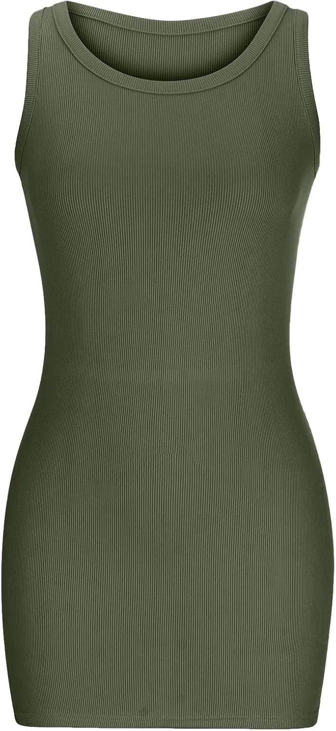 XUNRYAN 2025 Summer Womens Tank Dresses Knit Ribbed Scoop Neck Sleeveless Basic Bodycon Mini Dress Casual Beach Sundress