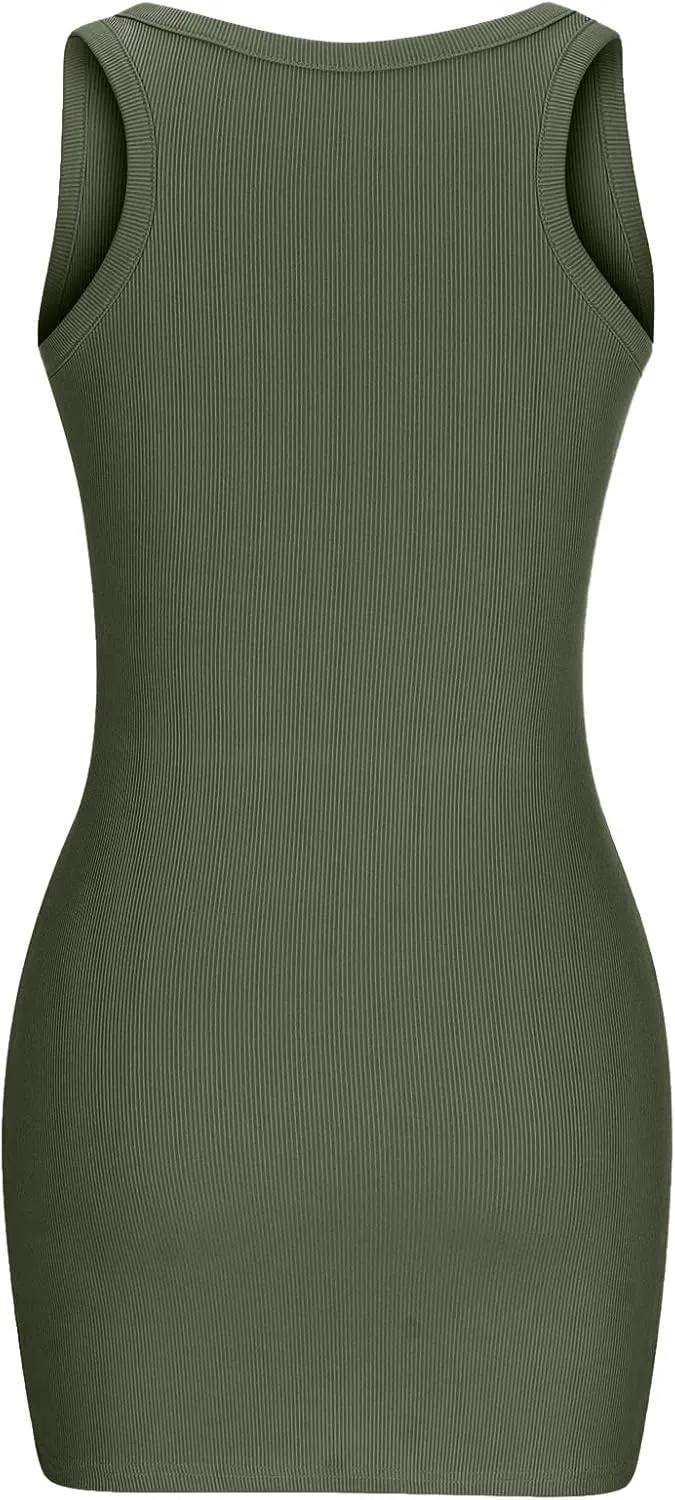 XUNRYAN 2025 Summer Womens Tank Dresses Knit Ribbed Scoop Neck Sleeveless Basic Bodycon Mini Dress Casual Beach Sundress