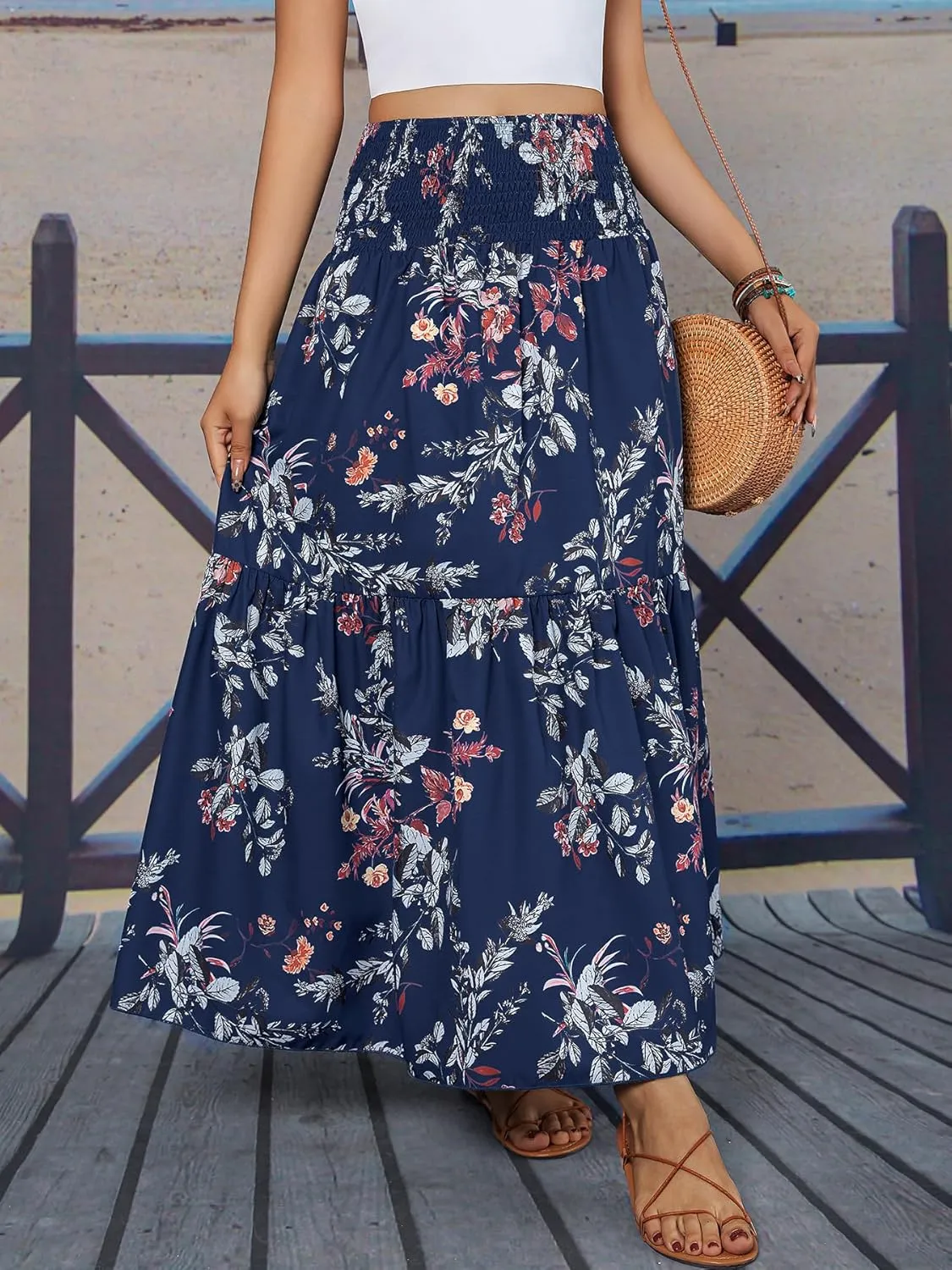 YHYJMY Women's Boho Skirt Elastic High Waist Pleated A-Line Flared Maxi Skirts Womens Flowy Long Skirts
