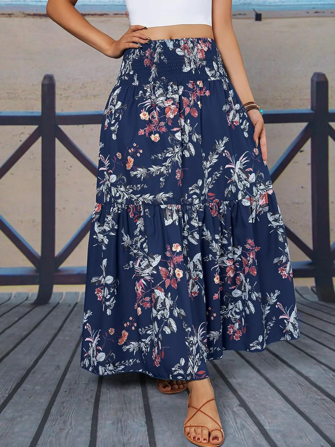 YHYJMY Women's Boho Skirt Elastic High Waist Pleated A-Line Flared Maxi Skirts Womens Flowy Long Skirts