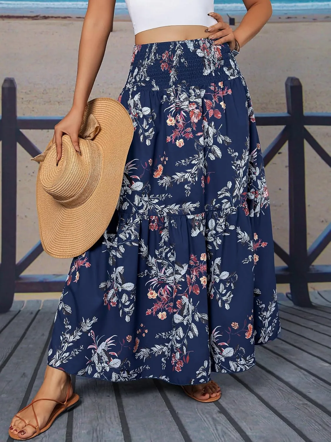 YHYJMY Women's Boho Skirt Elastic High Waist Pleated A-Line Flared Maxi Skirts Womens Flowy Long Skirts