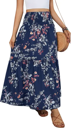 YHYJMY Women's Boho Skirt Elastic High Waist Pleated A-Line Flared Maxi Skirts Womens Flowy Long Skirts