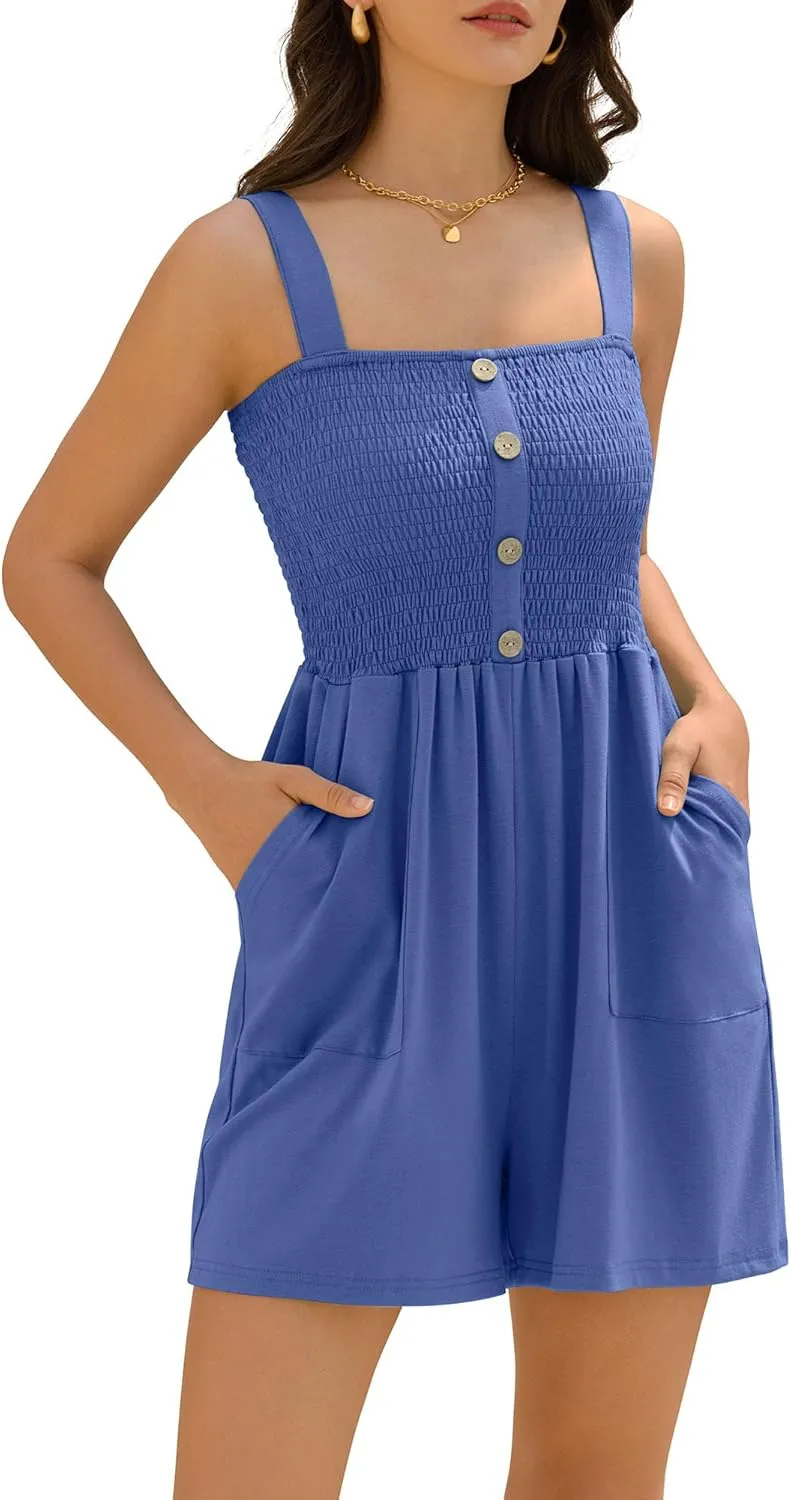 ZAFUL Womens Casual Short Jumpsuits Smocked Rompers Sleeveless Faux Button Vacation Outfits for Women 2025