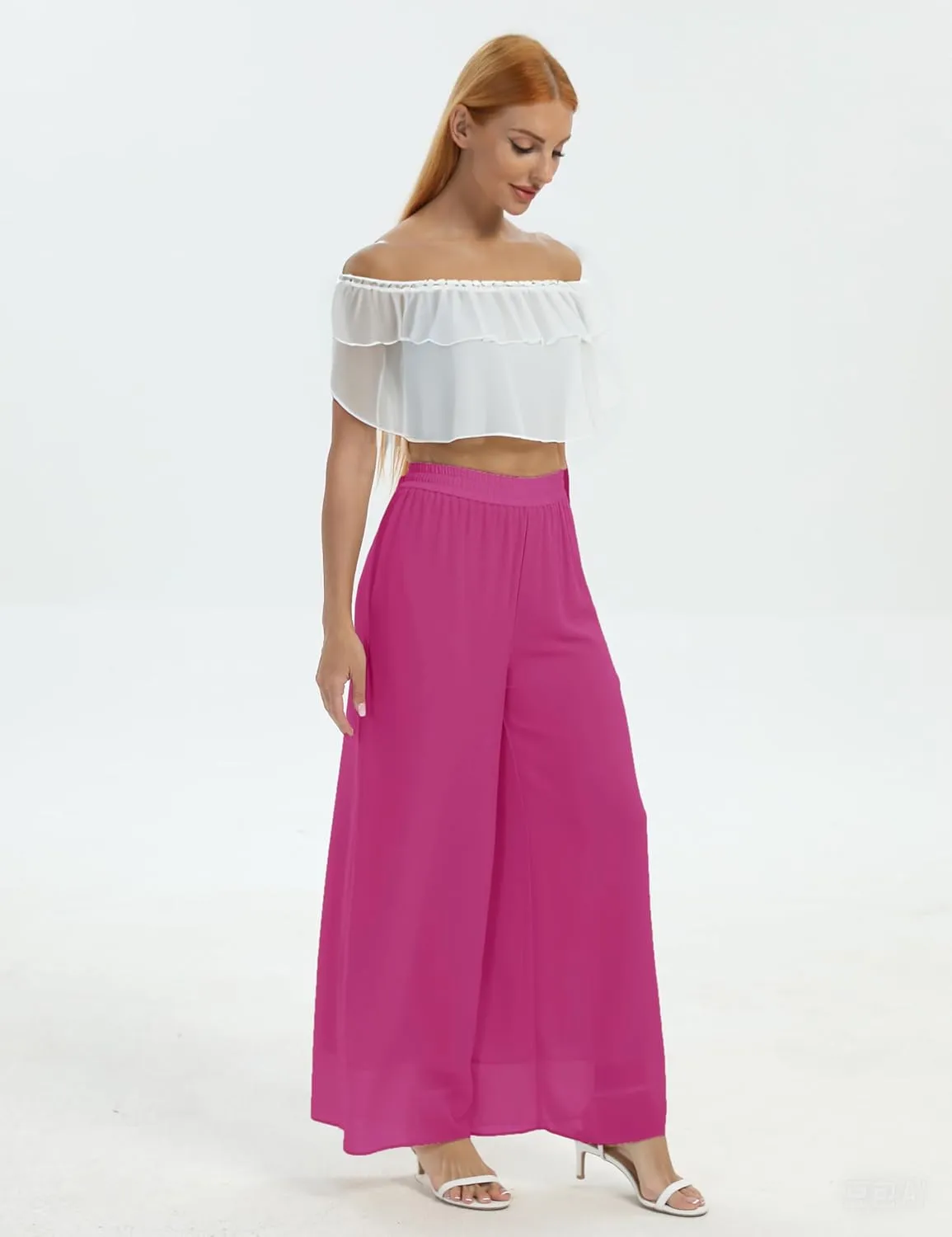 zsangbee Women's Wide Leg Palazzo Pants Chiffon Flowy Loose Party Wedding Dressy Casual Trousers